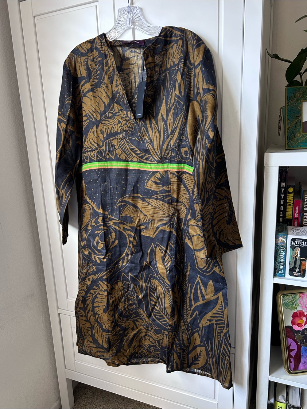 Black & Gold Botanical Midi Dress with Green Accent